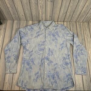 Tommy Bahama Men Gray Floral Hawaiian Tencel Button Down Casual Dress Shirt L‎